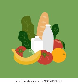 Vector Illustration Of Healthy Food. Good Organic Foods, Habits Eating, Fresh Diet Nutrition. Foodstuff Set For Health Lifestyle. Fruits, Vegetables, Greens, Cereal, Whole Wheat Bread, Dairy Products