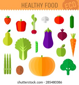 Vector illustration of healthy food. Isolated fresh vegetables and fruits on white background.