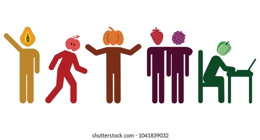 vector illustration of healthy food and people silhouettes for nutrition and human body concepts 