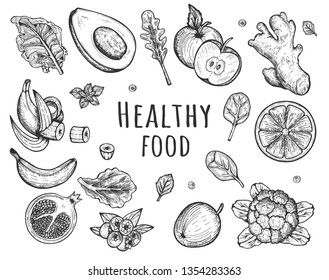 Vector illustration of healthy food set. Avocado, grapefruit, apple, spinach and salad leaves, broccoli, ginger, pomegranate, blueberries, banana. Vintage hand drawn style