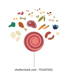 vector illustration of healthy foods treats for dogs in candy shape with natural ingredients and vitamins