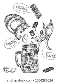 Vector illustration of healthy fruit drink set. Smoothie with levitating ingredients such as banana, strawberry, yoghurt and modern glass jar mug with handle. Vintage hand drawn style.