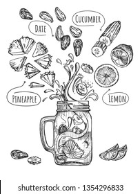 Vector illustration of healthy fruit drink set. Smoothie with levitating ingredients such as pineapple, date, cucumber, lemon and modern glass jar mug with handle. Vintage hand drawn style.