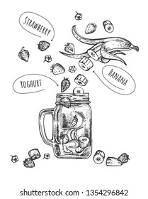 Vektorgrafik von gesundem Fruchtgetränk-Set. Grüner Smoothie mit schwingenden Zutaten wie Erdbeere, Jogurt, Banane und modernem Glaskeramikmuck mit Griff. Vintage handgezeichnet Stil.
