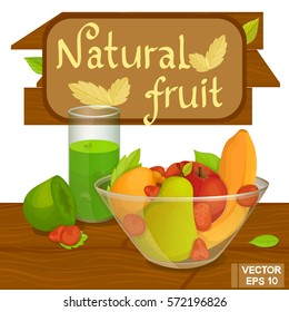 Vector illustration of a healthy fruit. Plate with fruits and berries on the table.