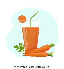 Vector illustration of healthy fruit smoothie in cartoon style. A glass of fresh carrot juice next to carrots for healthy life. Menu element for cafe, banners, advertisements, booklets, flyers