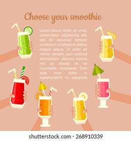 Vector illustration of  healthy  fruit smoothies in flat style. Fresh juice for healthy life. Menu element for cafe or restaurant.