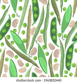 Vector illustration. Healthy green food. Composition with peas, green beans and white beans. Handmade, light  background, seamless pattern