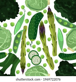 Vector illustration. Healthy green food. Brussels sprouts, asparagus, peas, cucumber, broccoli. Handmade, light background, seamless pattern