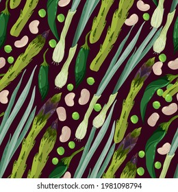 Vector illustration. Healthy green food. Asparagus, onions, hot peppers, peas, white beans. Handmade, dark background, seamless pattern