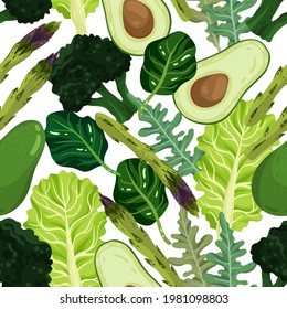 Vector illustration. Healthy green food. Avocado, spinach, asparagus, lettuce, arugula, broccoli. Handmade, light  background, seamless pattern
