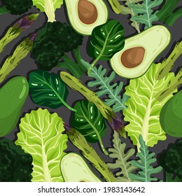 Vector illustration. Healthy green food. Avocado, spinach, asparagus, lettuce, arugula, broccoli. Handmade, dark background, seamless pattern