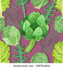 Vector illustration. Healthy green food. Lettuce, dill, arugula, artichoke, Brussels sprouts. Handmade, dark background, seamless pattern