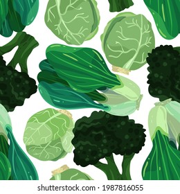 Vector illustration. Healthy green food. Bok choy, brussels sprouts, broccoli. Handmade, light  background, seamless pattern