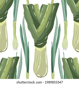 Vector illustration. Healthy green food. Leek, green onion. Handmade, light  background, seamless pattern