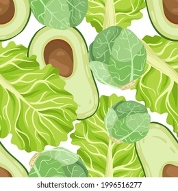 Vector illustration. Healthy green food. Lettuce, avocado, Brussels sprouts. Handmade, light  background, seamless pattern