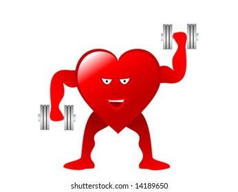 A vector illustration of a healthy heart lifting weights isolated on a white background
