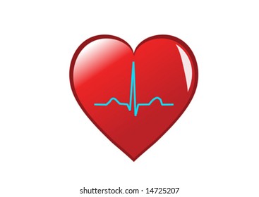A vector illustration of a healthy heart with a red heart and a healthy sinus rhythm in blue superimposed,