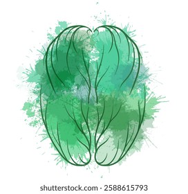 Vector illustration of healthy human brain from green watercolor splashes top view. Internal organ from stains. Eco brain. Inspiration and meditation. Clip art for medical articles