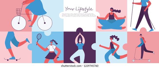 Vector illustration of Healthy lifestyle background. Roller skate, bicycle, tennis and skating sport design elements in flat style