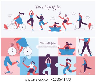 Vector illustration of Healthy lifestyle background. Roller skate, bicycle, tennis and skating sport design elements in flat style