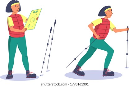 Vector illustration healthy lifestyle character in different poses. Girl is walking on the 
hiking trail and girl looks at the orienteering map, wearing large hiking boots and comfortable sportswear