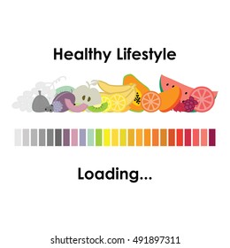 vector illustration of healthy lifestyle design with loading bar and different colorful fruits as beginning of better nutrition period in someones life