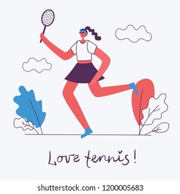 Vector illustration of Healthy lifestyle. Doing sport background design elements in flat style with hand drawn qoute - Love tennis