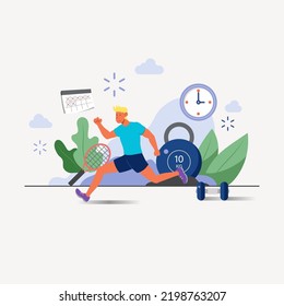 Vector Illustration - Healthy lifestyle and fitness routine concept. Man jogging in a park. Clock and dumbbell.