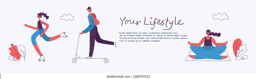 Vector illustration of Healthy lifestyle. Roller skate, scootering and yoga sport design elements in flat style