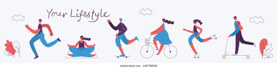 Vector illustration of Healthy lifestyle. Roller skate, bicycle, walking and skating sport design elements in flat style