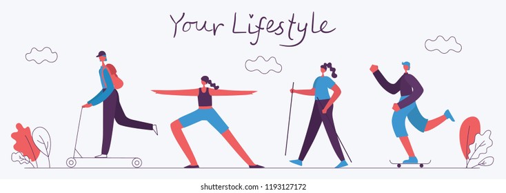 Vector illustration of Healthy lifestyle. Roller skate, yoga, walking and skating sport design elements in flat style