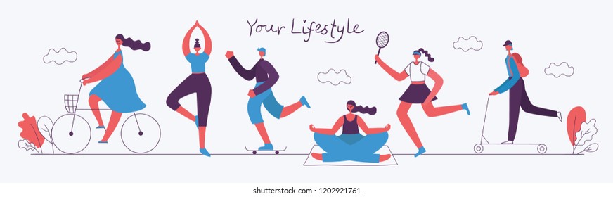 Vector illustration of Healthy lifestyle. Roller skate, bicycle, tennis and skating sport design elements in flat style