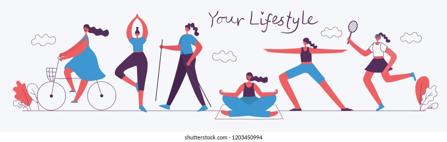 Vector illustration of Healthy lifestyle. Roller skate, bicycle, tennis and skating sport design elements in flat style