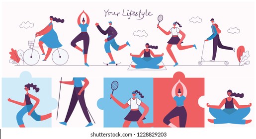 Vector illustration of Healthy lifestyle. Roller skate, bicycle, tennis and skating sport design elements in flat style