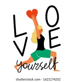 Vector illustration with healthy lifestyle woman doing exercise and holding red heart. Love yourself lettering quote. Colored typography poster, body positive print design