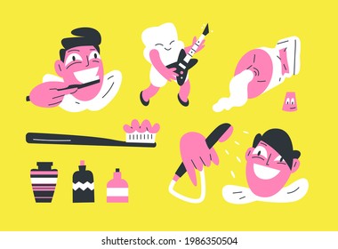 vector illustration healthy lifestyle, young man takes a shower, oral care