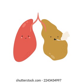 Ilustración vectorial de pulmones sanos y de cigarrillos enfermos. pulmón normal frente a pulmón enfermo,