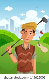A vector illustration of healthy man holding golf club