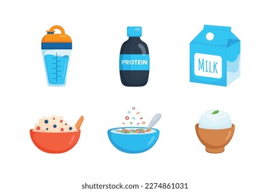 Vector illustration of a healthy meal plate, protein based essential nutritional  concepts.Whey protein, Protein bottles,Milk box,Yogurt and fruit in bowl, serial and milk in bowl, rice in a cup.