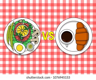 Vector illustration of a healthy meal vs a junk food. Plate with organic food and a plate with a croissant and coffee on the table