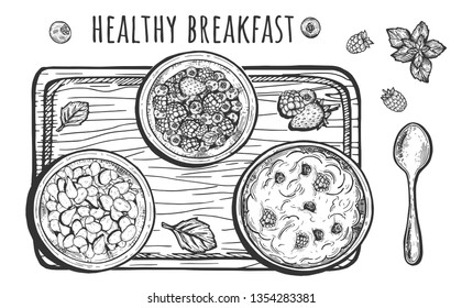 Vector illustration of healthy rustic breakfast set. Composition of three bows with yoghurt, cereal, berries, spoon, cutting board decorated with leaves and lettering. Vintage hand drawn style.