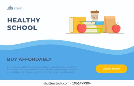 Ilustración vectorial de una escuela saludable. De vuelta a la escuela para un nuevo concepto de normalidad. La apertura del estado. Comidas escolares sanas y seguras.