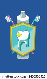 A vector illustration of a healthy shining tooth depicted on a shield with tho crossed toothbrushes and a tube of toothpaste behind it on a blue background