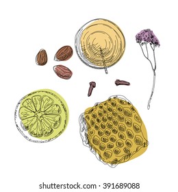 Vector illustration of a healthy snack  set  with lemon slice and heather
Easy to change colors

