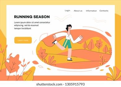 Vector illustration of healthy and sporty lifestyle concept website template with woman in sportswear running outdoors in trendy flat style - female character doing cardio training.