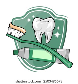 Vector illustration of healthy and strong teeth with a toothbrush and toothpaste in front of a shield showing protection for healthy teeth. Clean and shiny cartoon flat style.
