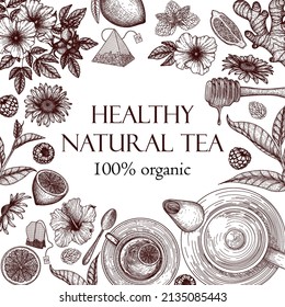 Vector illustration healthy tea banner template. Graphic linear tea cup with teapot, teaspoon, lemon, ginger, chamomile, rosehip, mint, tea bags, hibiscus, honey dipper, tea leaves