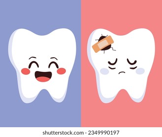 Vector illustration of healthy teeth and tooth character with cracked caries poor oral hygiene. Drawing for children dentistry