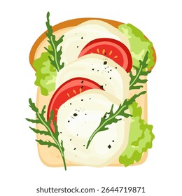 Vector illustration of healthy toast with mozzarella and tomatoes slices, arugula and cream cheese Nutritious vegan breakfast or snack. Perfect for card, banner, poster, print or food design element